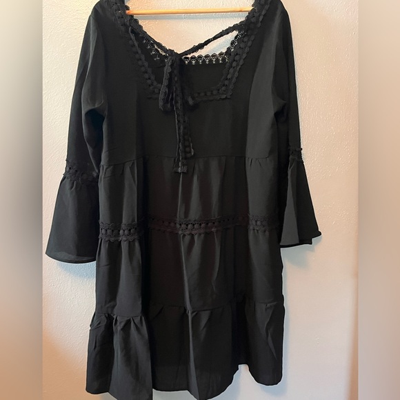 ODDY Black Shift Boho With Lace Trim Mini Dress Size Medium - Picture 3 of 8